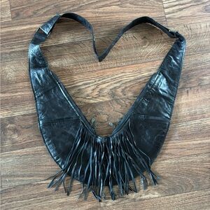 Black Leather Fringe Crossbody Bag
